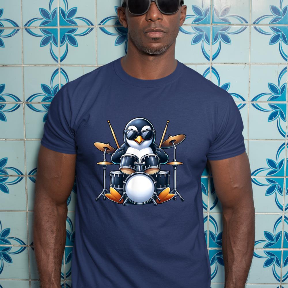 Penguin Playing Drums Rock Band Musician Funny Winter Theme T-Shirt