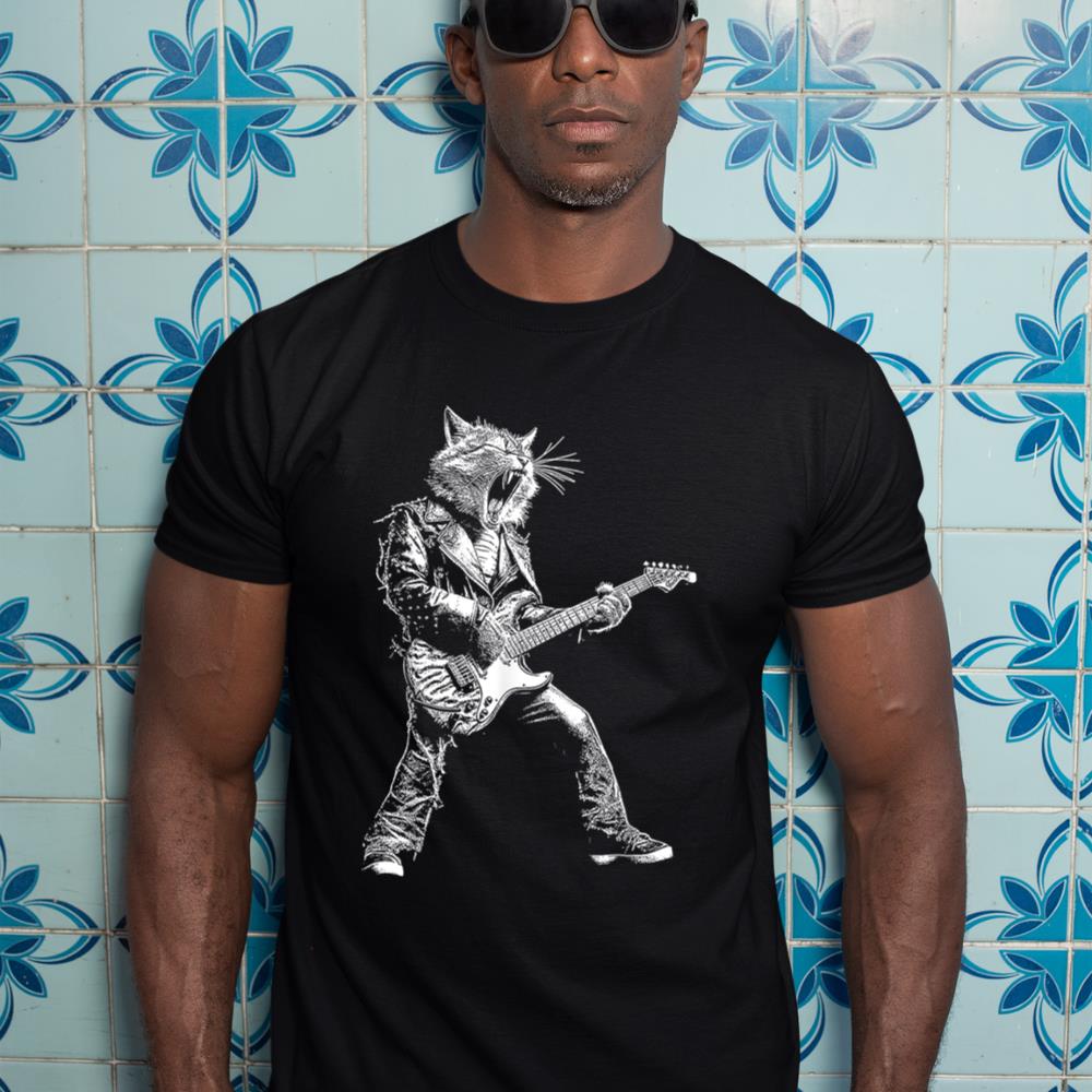 Rockstar Cat Playing Guitar Rock and Roll ROCK Music T-Shirt